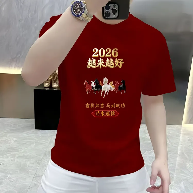 2026马年爆款美式休闲潮流时尚运动男士圆领男女同款短袖T恤
