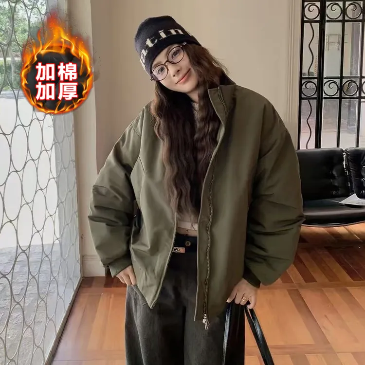 美式立领飞行员夹克棉服冬季新款短款宽松立领加厚保暖棉衣外套