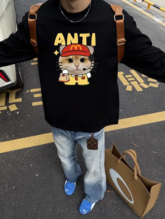 美式高街宽松圆领客服猫简约印花重磅落肩校园情侣纯棉长袖T恤