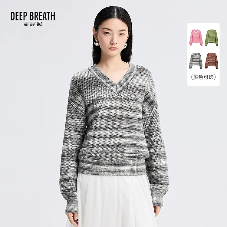 DEEP BREATH深呼吸女装新款V领段染花纱宽松水滴袖针织衫A302044