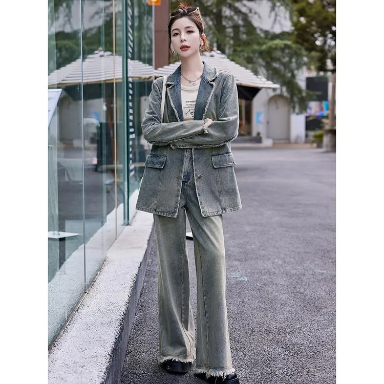 复古气质牛仔套装女2024年春秋季新款西装外套阔腿长裤流苏两件套