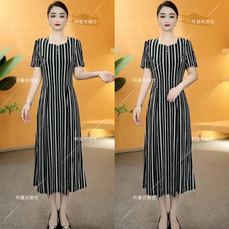 【衣雅严选】8224-2169#夏季新款气质显瘦冰嘛丝短袖方领连衣裙