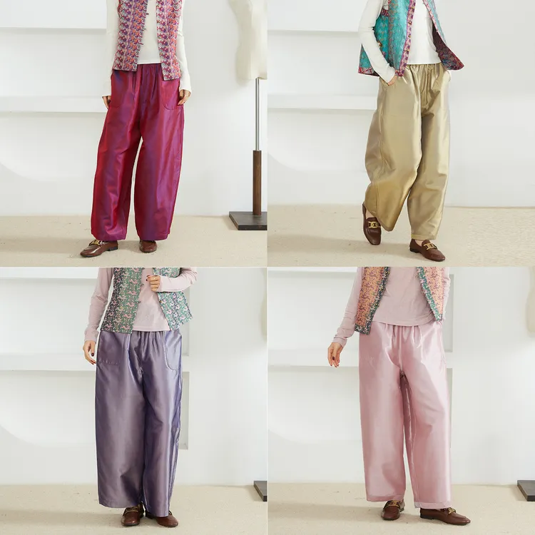 SILVIYE双面穿100桑蚕丝蜀锦浮光锦真丝宽松阔腿奶奶裤秋CK52136