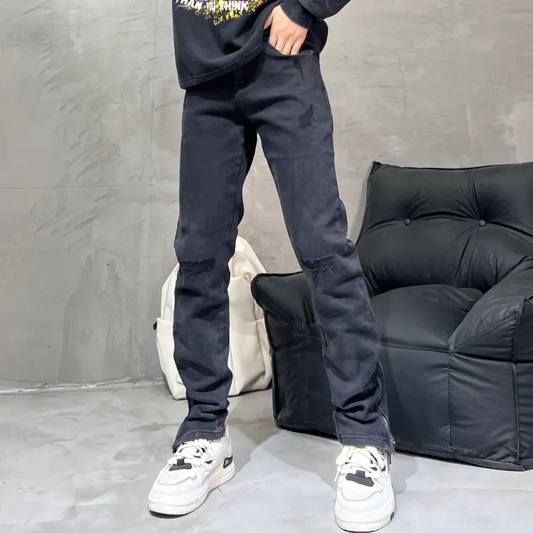 修身小直筒拉链牛仔裤中低腰秋季简约风小直筒男装高弹设计师春秋