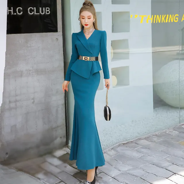 秋冬气质荷叶边鱼尾裙职业女装OL西装领洋装长袖修身包臀长裙子