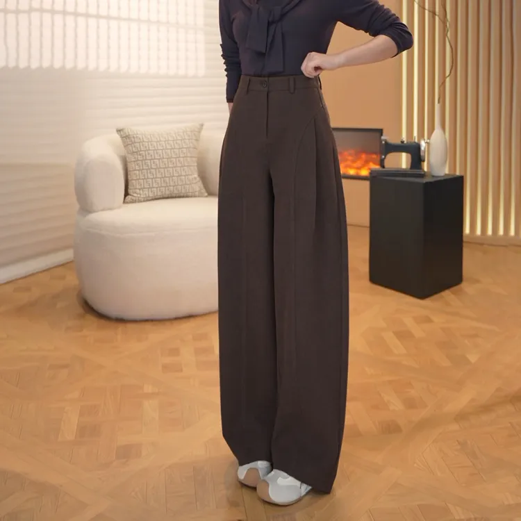 拉夏贝尔毛呢贝斯裤秋冬厚款糯感休闲裤垂感宽松直筒裤显瘦阔腿裤