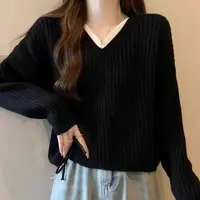 116#-5衣长56假两件V领针织衫女秋冬新款显瘦抽绳毛衣内搭上衣