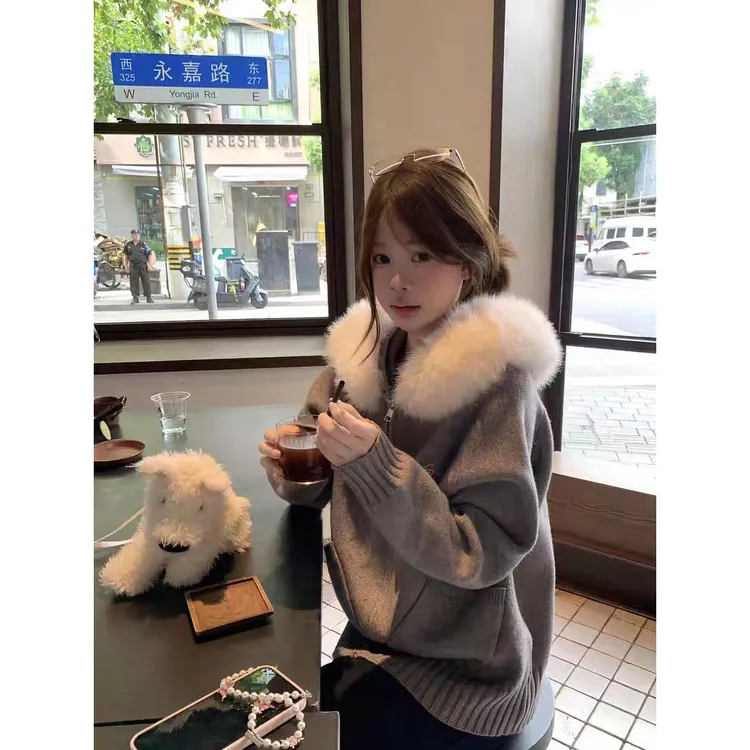 慵懒风灰色毛领外套连帽韩系时尚针织开衫女秋冬季宽松外搭上衣