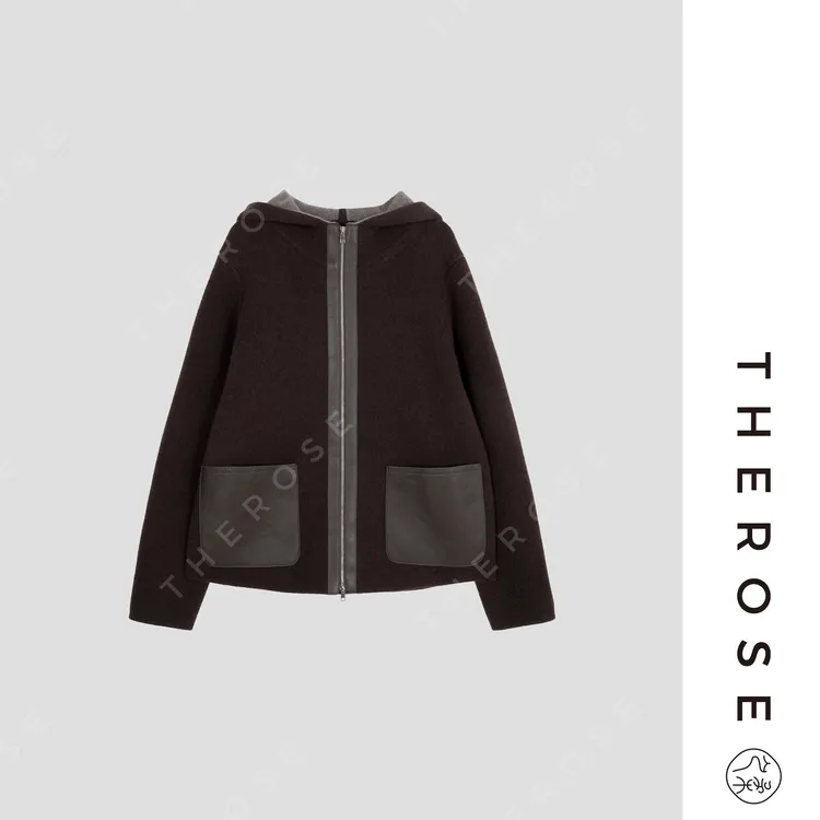 【围炉听雪】进口Mtecore羊绒拼皮秋冬保暖时尚连帽针织衫女