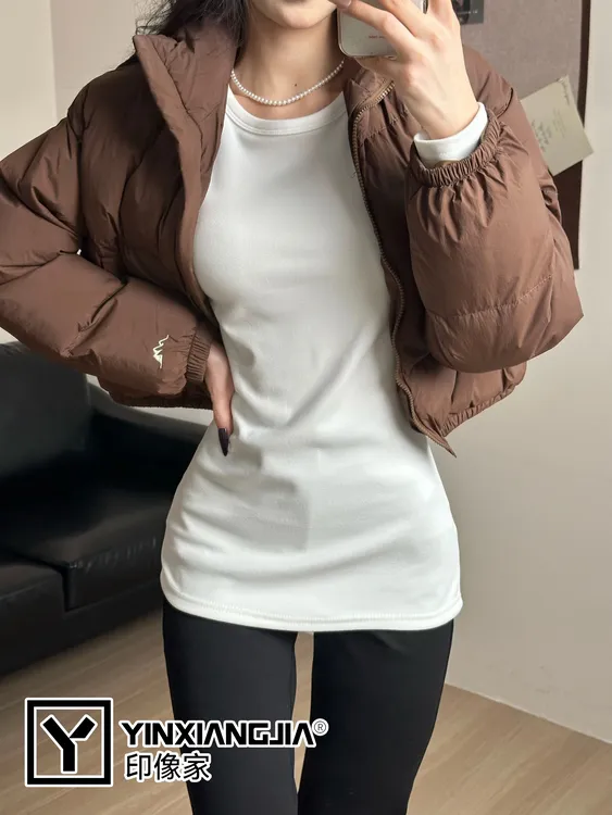 印像家正肩长袖打底T恤女秋冬磨毛新款圆领内搭修身收腰长款上衣 