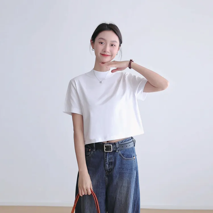 短款半高领t恤女夏短袖正肩外穿宽松休闲高腰中领上衣露脐打底衫