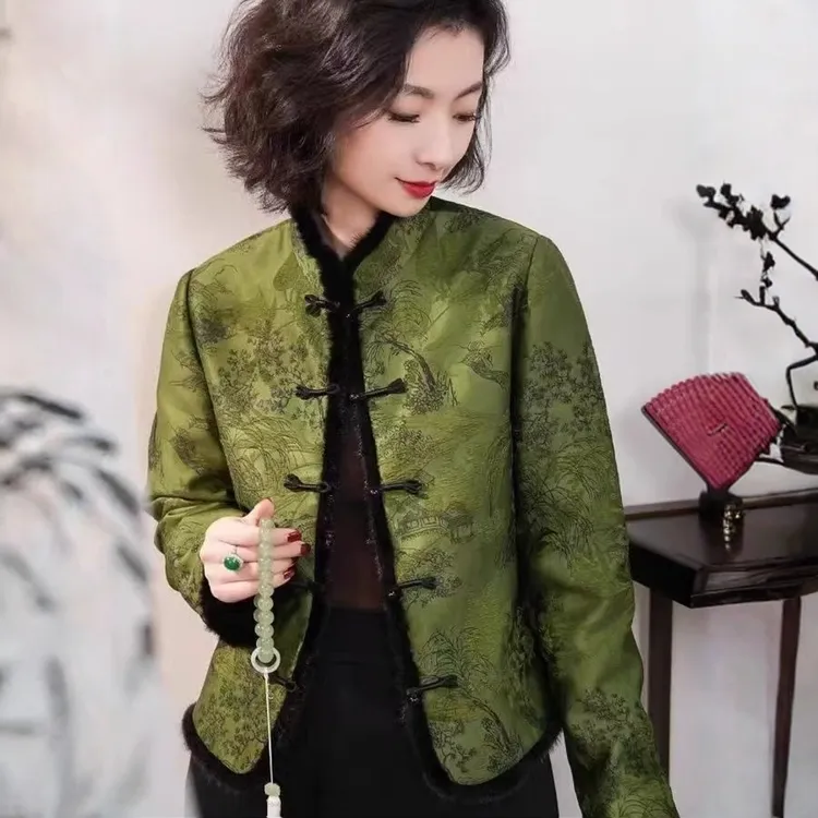 秋冬季新中式加棉国风提花拼接手工盘扣毛边百搭夹棉棉服外套女装