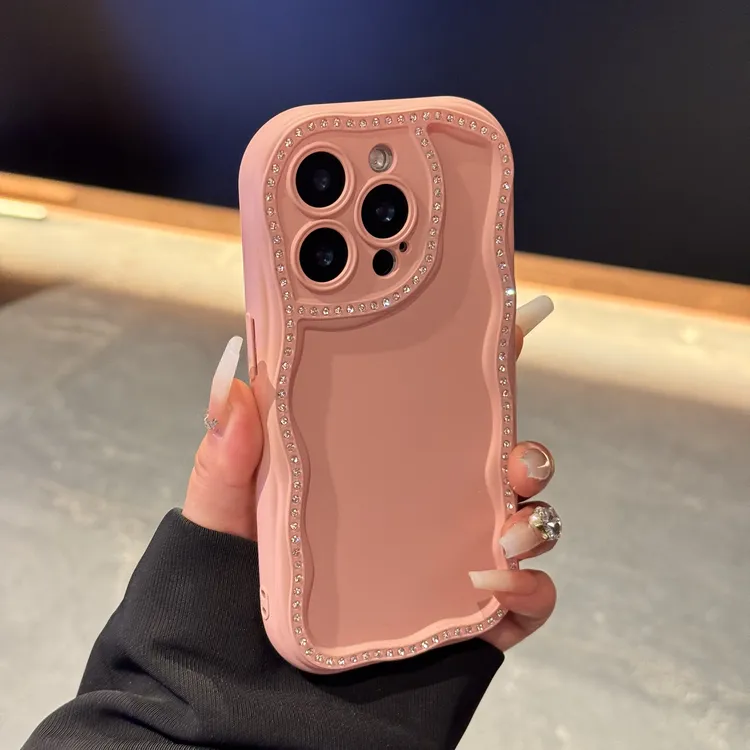 新款闪钻波浪边框适用iPhone16promax手机壳苹果15简约14纯色13软