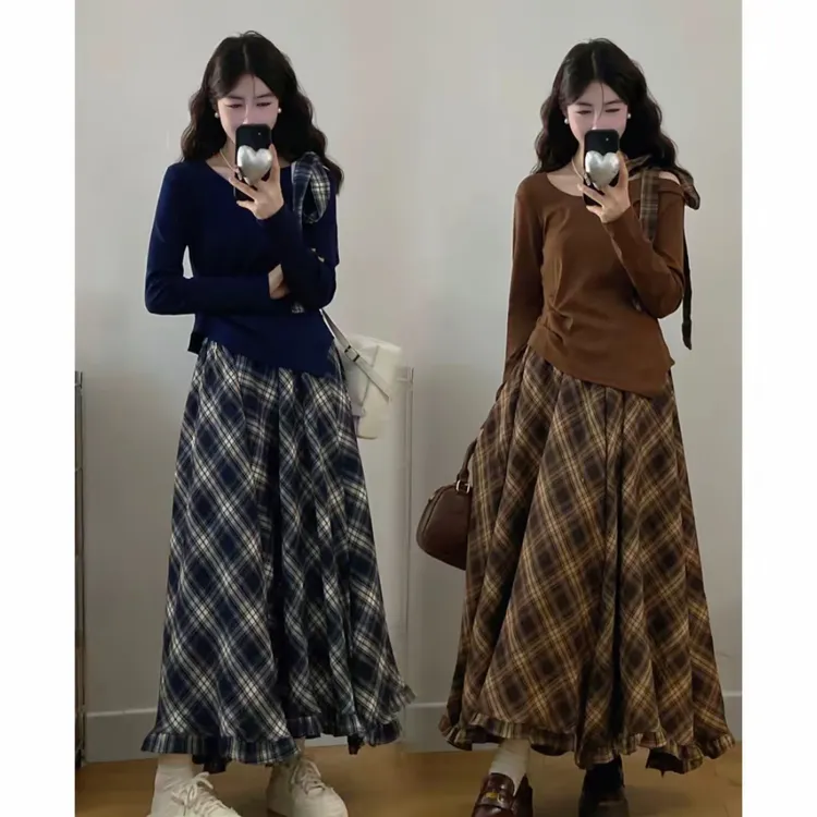 秋季新款韩系不规则格子长袖上衣搭配半身裙套装