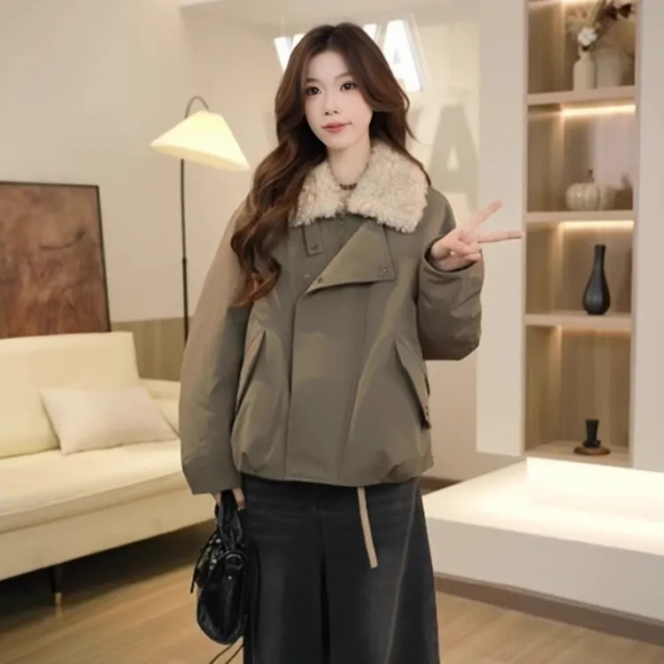 拉夏贝尔韩版气质毛绒派克服外套2025秋冬新款休闲宽松小个子夹克