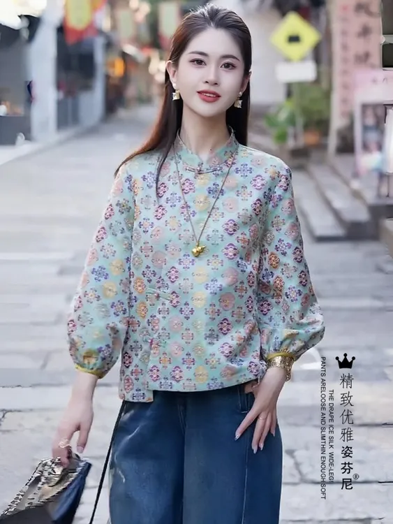 新中式国风立领衬衫女士早秋新款七分袖洋气衬衣百搭盘扣碎花上衣