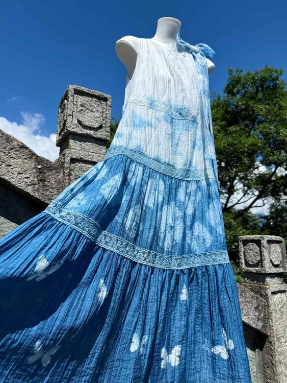 大理定制扎染裙自选图案夏季渐变色蓝色蓝色