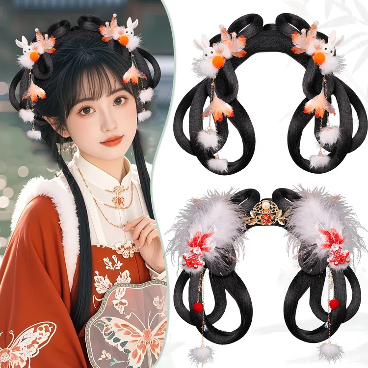 古风汉服头饰假发发髻组合可爱毛球兔子羽毛流苏发夹配饰百搭日常