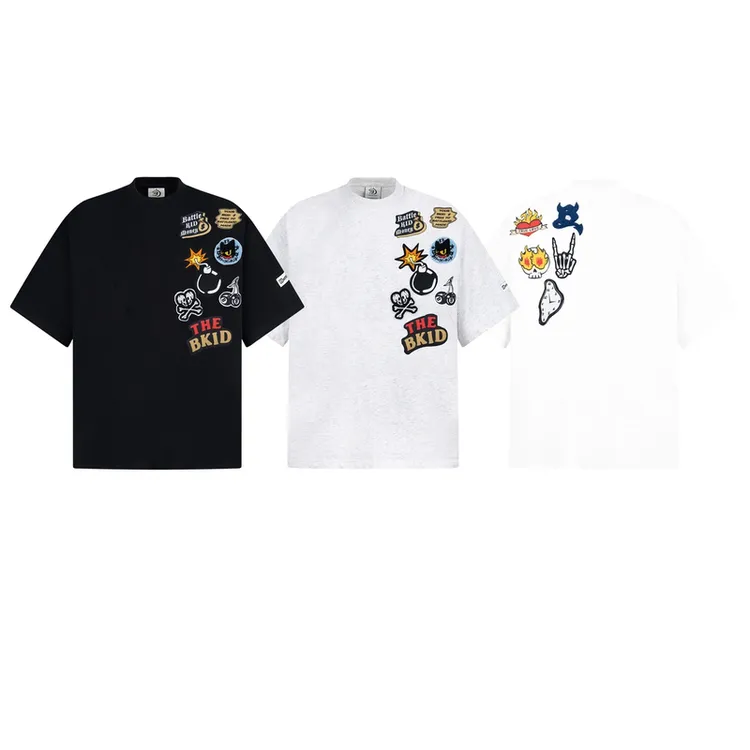 美式街头潮酷爆炸印花短袖T恤女夏季设计感徽章宽松打底衫上衣男