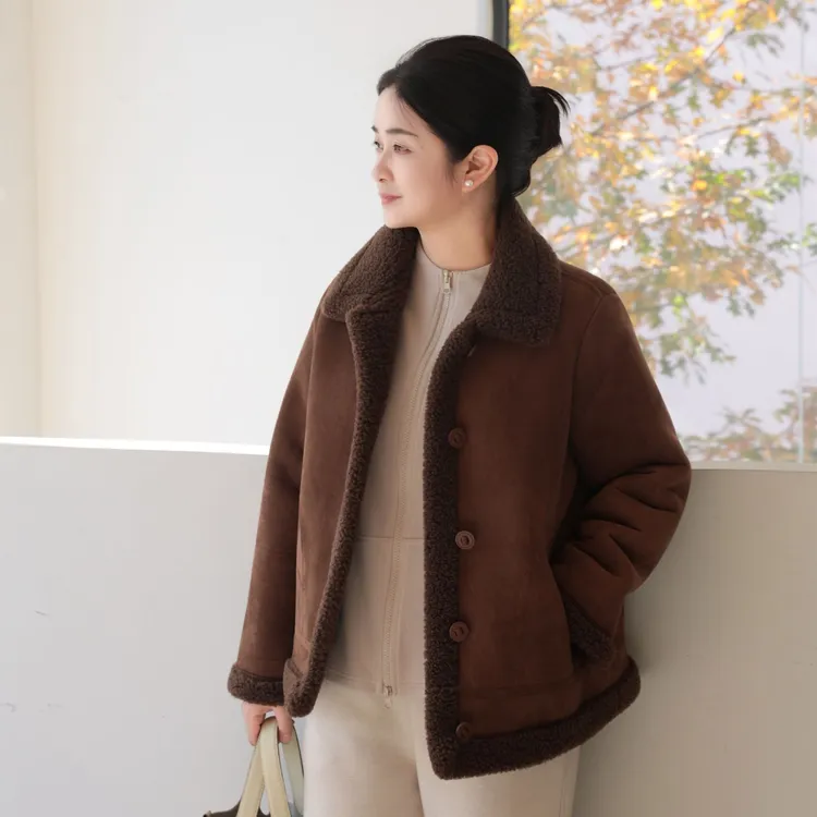 麻享【加绒加厚翻领外套】皮毛一体女士外套加绒保暖冬款FSY51361