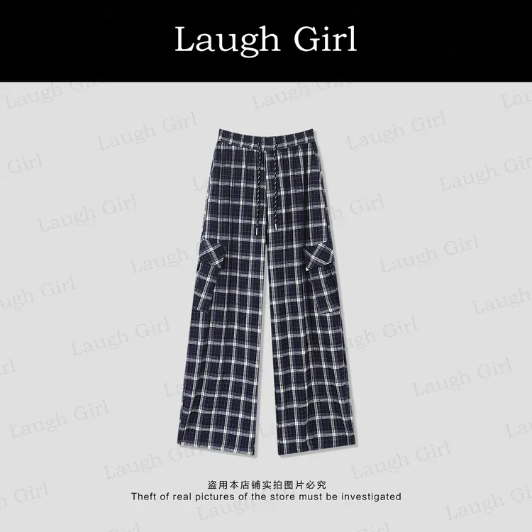 楚楚君 Laugh girl【调调十足】早秋口袋百搭蓝格子休闲裤KL53857J