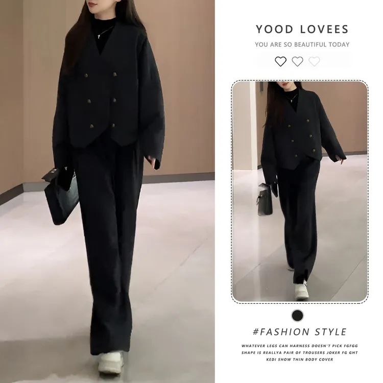 韩版灰色长袖女冬新款小香风加棉外套蝙蝠袖外套女显瘦阔腿裤套装