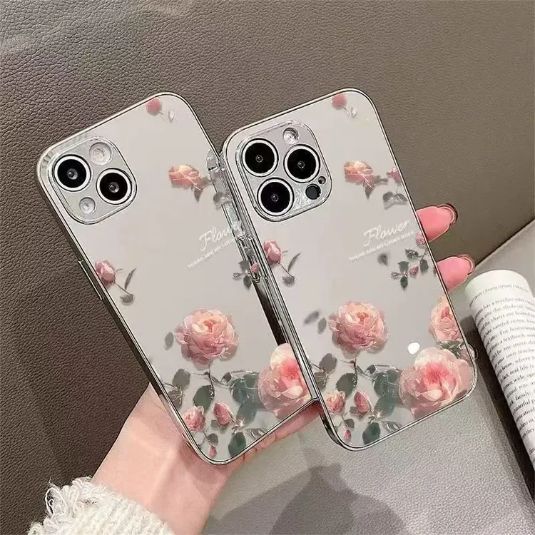 电镀银镜面山茶花结适用iPhone16promax苹果15手机壳12镜头膜14