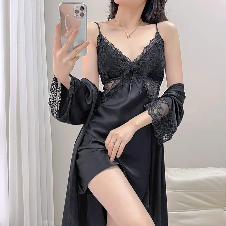 2025春夏季新款性感纯欲睡衣女薄款冰丝带胸垫吊带睡裙睡袍两件套