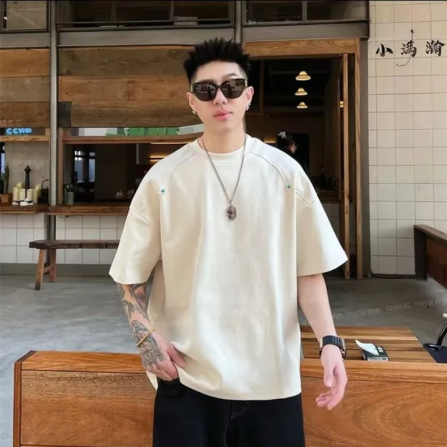 夏季新款男士重磅绿松石拼接个性百搭短袖T恤设计款时尚休闲上衣