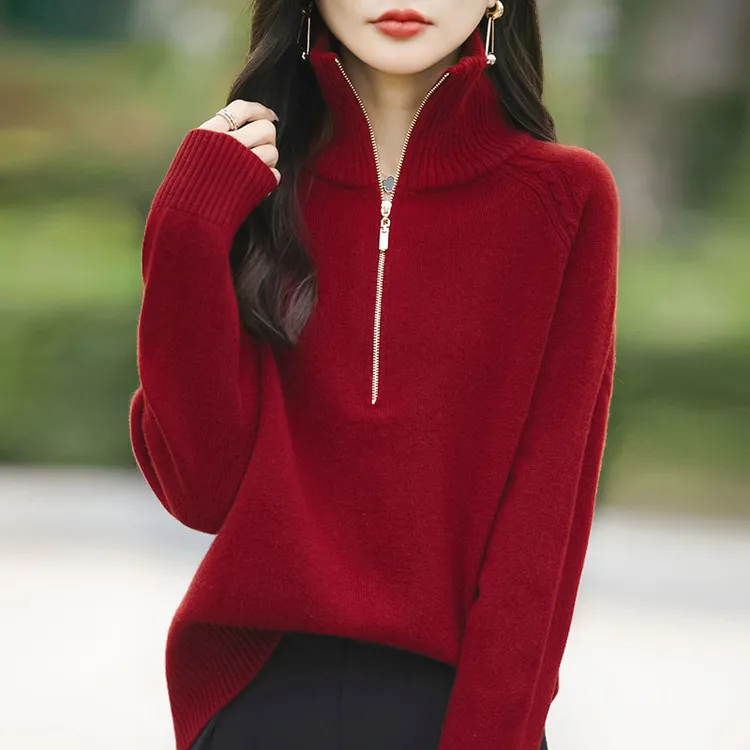 2024秋冬新款高领半拉链纯色毛衣时尚显瘦简约休闲气质针织衫J685