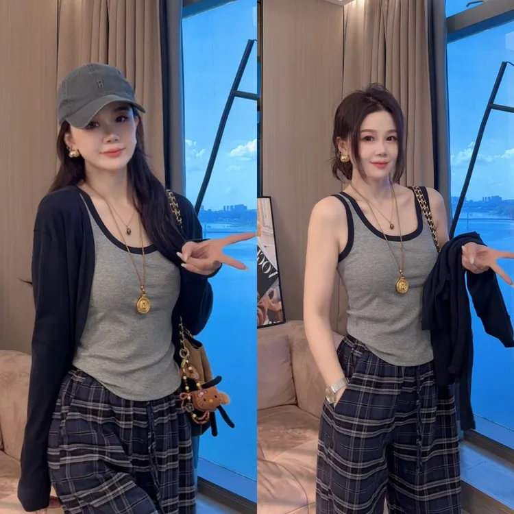 长袖开衫拼色吊带两件套女2025秋季款韩版时尚洋气百搭上衣小外套