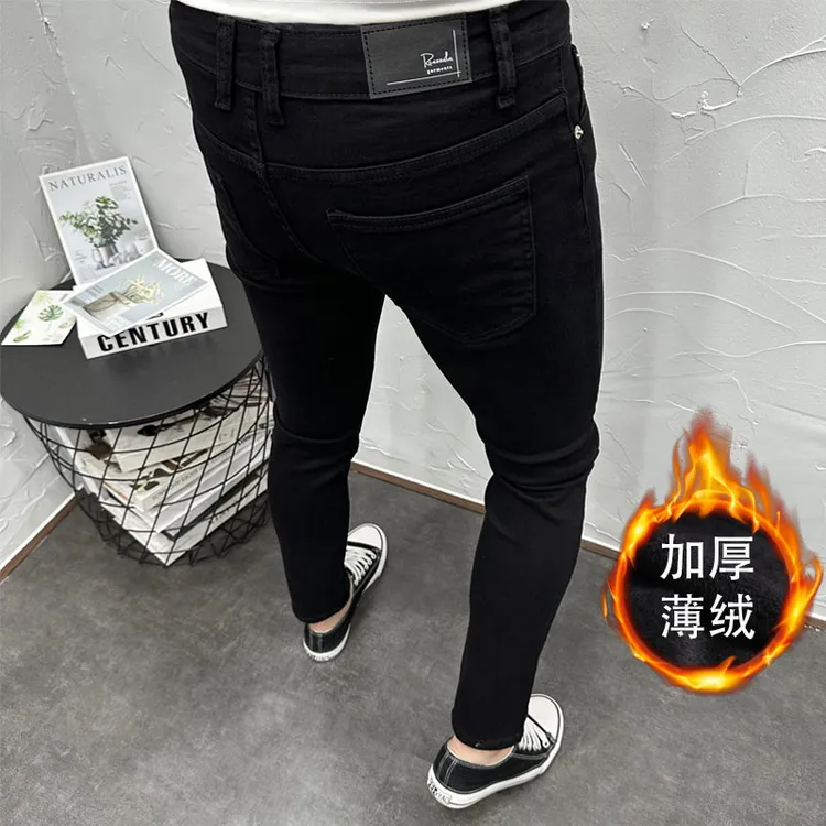 秋冬加绒新款牛仔裤男韩版潮流纯黑色修身小脚弹力百搭九分长裤子