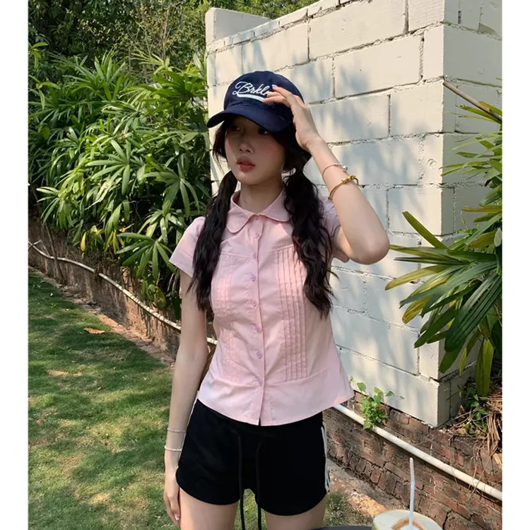 学院风甜美粉色娃娃领衬衫女夏季2025新款白色短袖衬衣纯棉小上衣