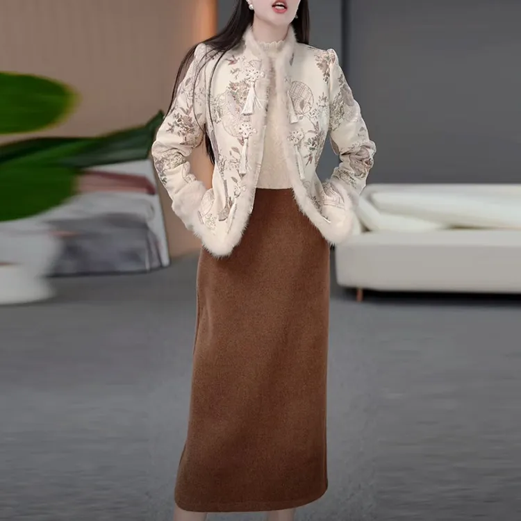 奥地绒新中式国风套装裙2025冬季新款加绒夹棉保暖两件套连衣裙子