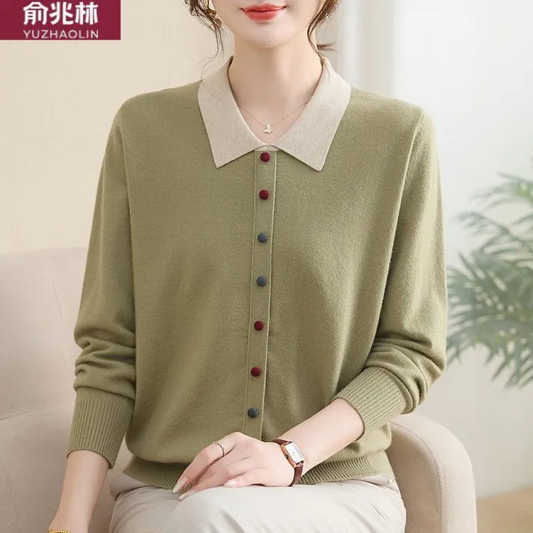 俞兆林舒适百搭常规翻领通勤宽松针织衫 春秋款套头中老年妈妈装