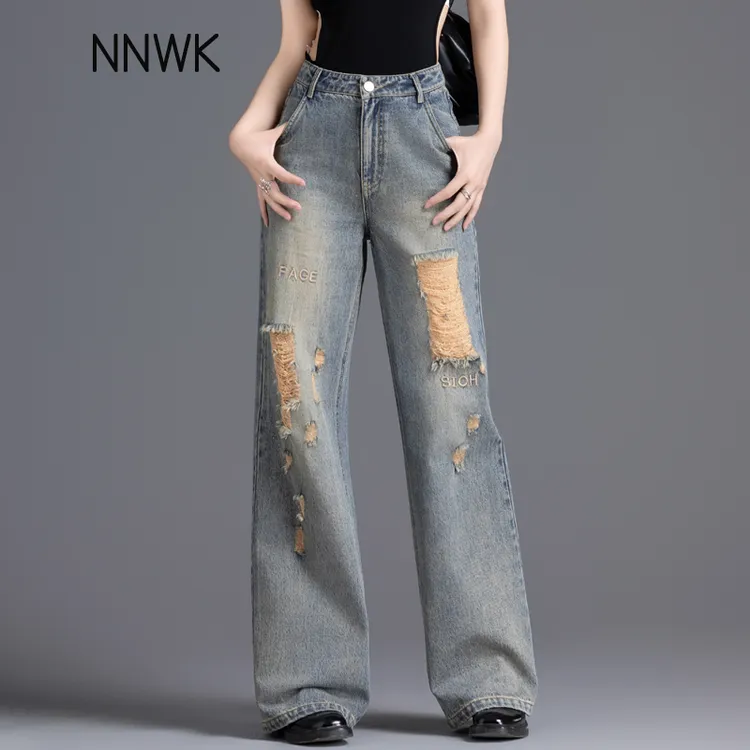 美式复古破洞微喇牛仔裤女2025新款春夏季高腰宽松显瘦阔腿喇叭裤