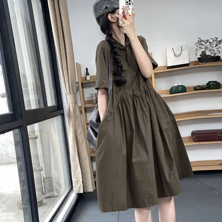 2024夏季新款纯色衬衫裙拼接宽松显瘦纯棉短袖薄款休闲韩版连衣裙