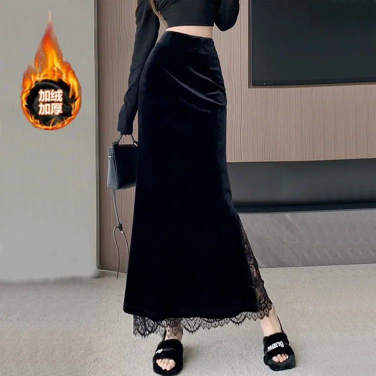 黑色金丝绒半身裙女秋冬高腰开叉包臀裙复古显瘦设计感中长鱼尾裙