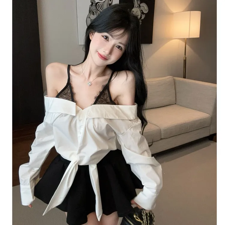 假两件挂脖拼接衬衫女秋季辣妹一字肩蕾丝吊带上衣独特超好看衬衣