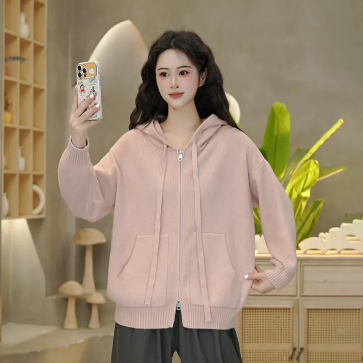 5133 春季新款纯色连帽针织衫宽松显瘦时尚百搭开衫毛衣外套