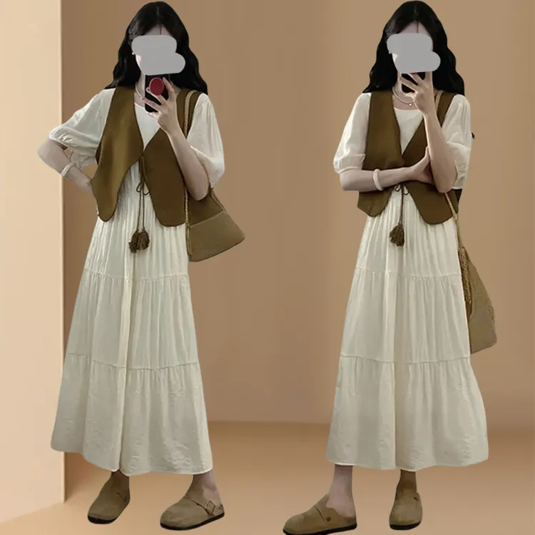 法式绝美套装连衣裙女夏2025款文艺复古马甲两件套洋气爆款绝美
