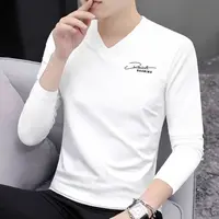 100%纯棉春秋季V领长袖t恤男士潮流宽松衣服休闲上衣长袖打底衫