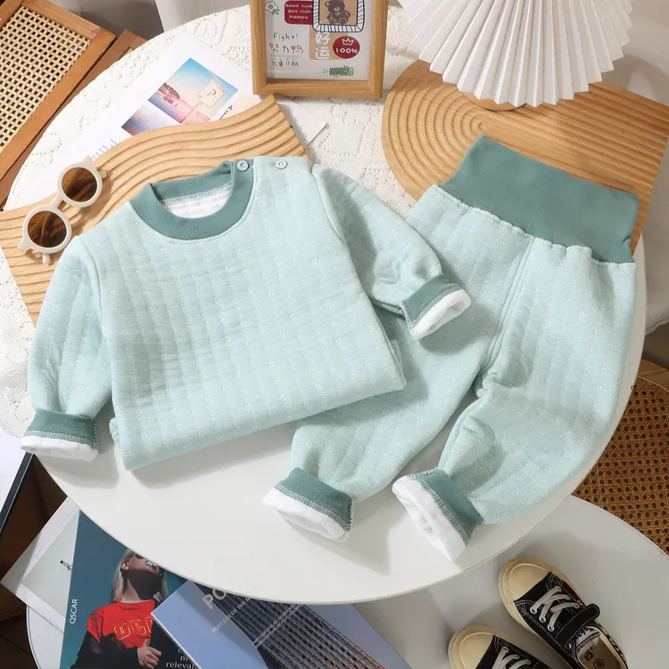 宝宝三层夹棉保暖套装婴幼儿家居服男女童加厚秋衣秋裤秋冬款A类