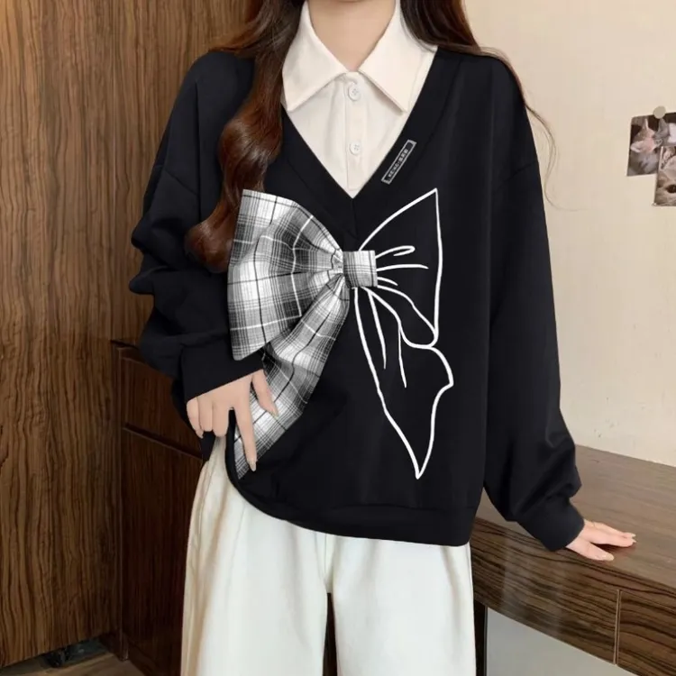 大码假两件蝴蝶结POLO领卫衣女秋季胖MM宽松显瘦百搭洋气外套上衣