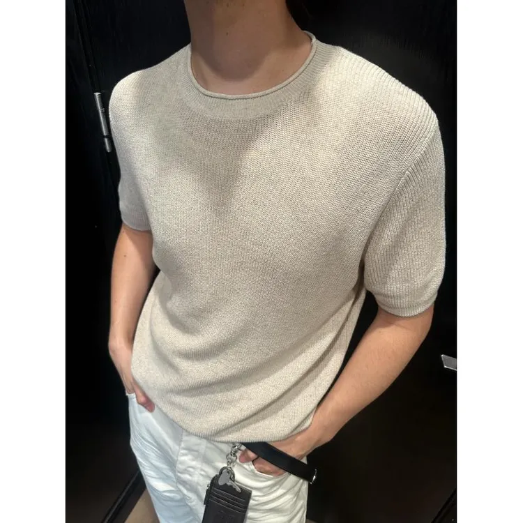 【EME】【新贵高奢】夏季针织棉麻花纱老钱松弛透气圆领短袖针织衫