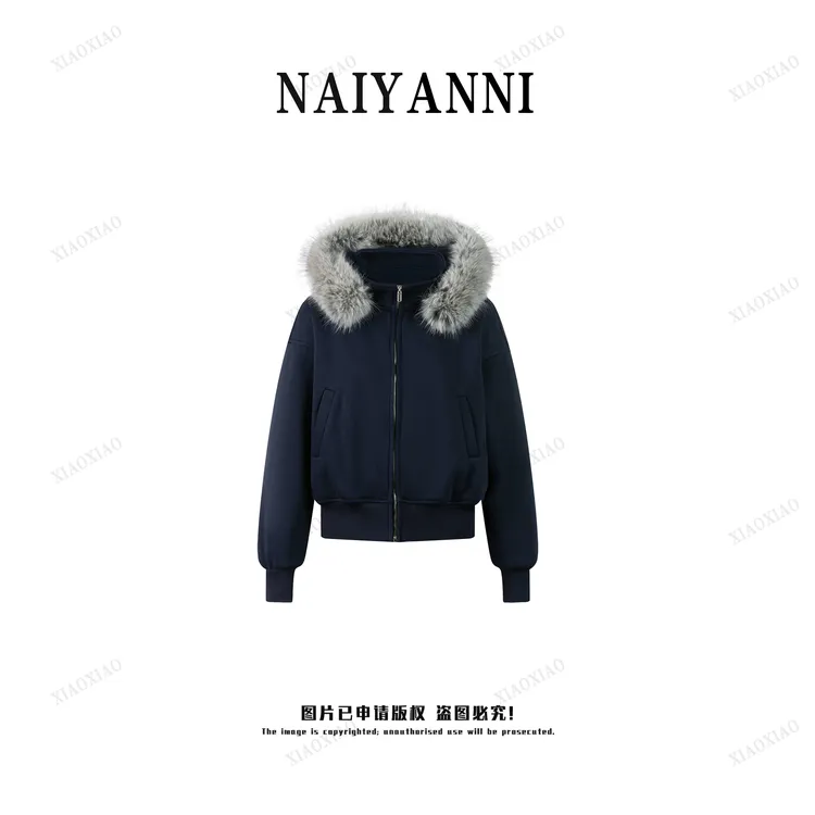 大毛领可拆卸定制毛领加绒加厚超显瘦棉质连帽女外套HH001-1