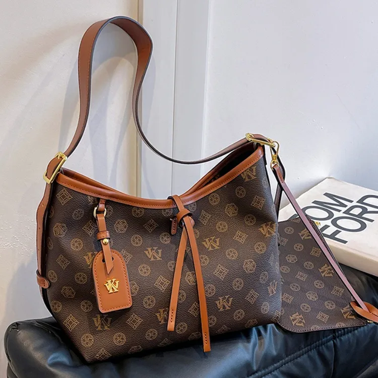 复古印花子母包包女新款外出百搭ins腋下包中古通勤大容量托特包