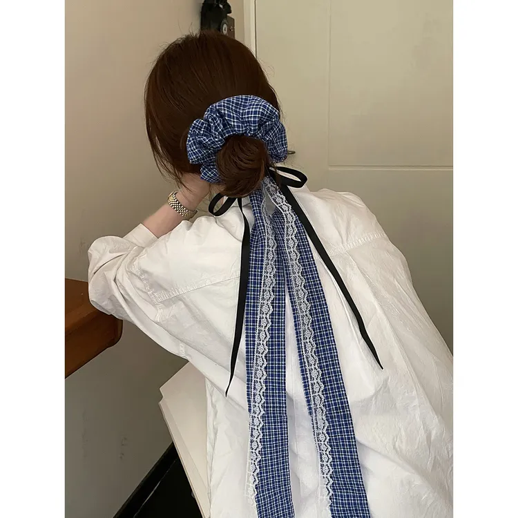 韩系布艺格纹蝴蝶结飘带大肠发圈女芭蕾风丸子头发绳头饰