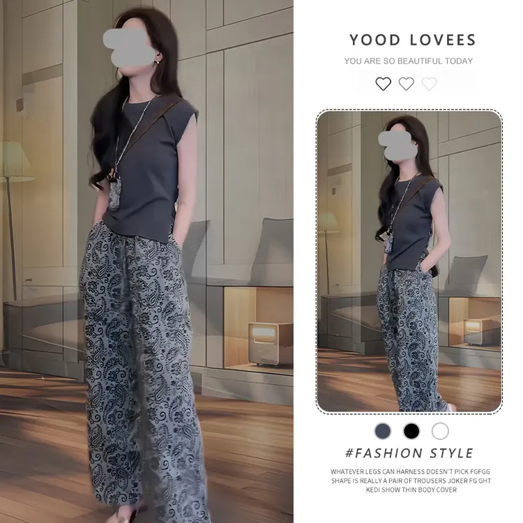 夏季高级感气质漂亮套装女显瘦纯色短袖上衣印花休闲阔腿裤两件套