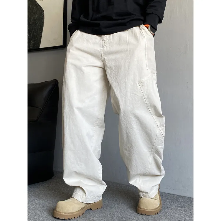 春秋季美式休闲痞帅重磅复古白色工装裤男直筒宽松阔腿弯刀裤子潮